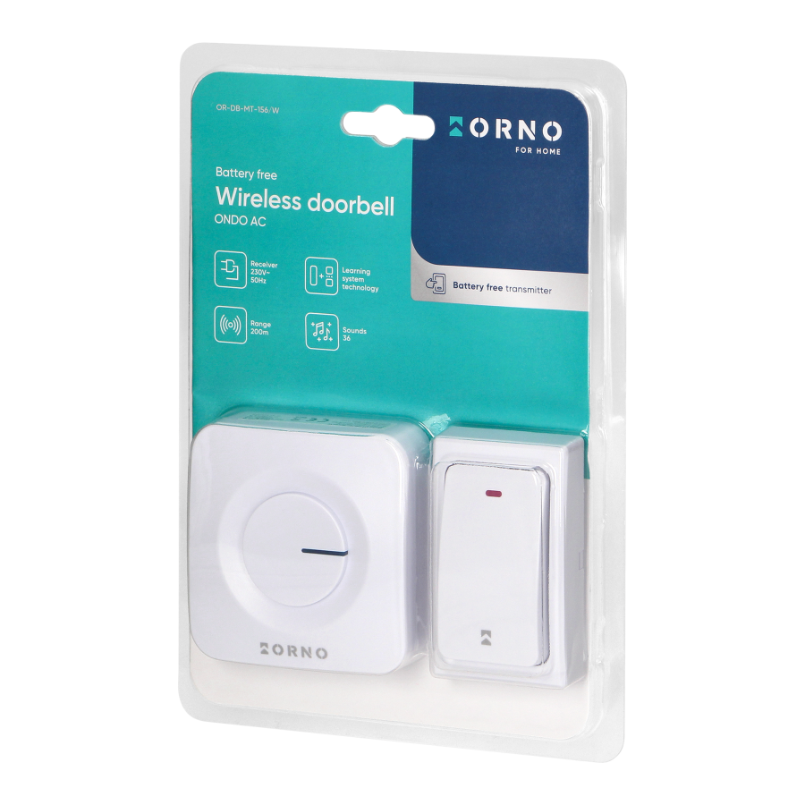 ONDO AC wireless mains-powered doorbell with battery-free button, learning system, 36 sounds, 200m, white